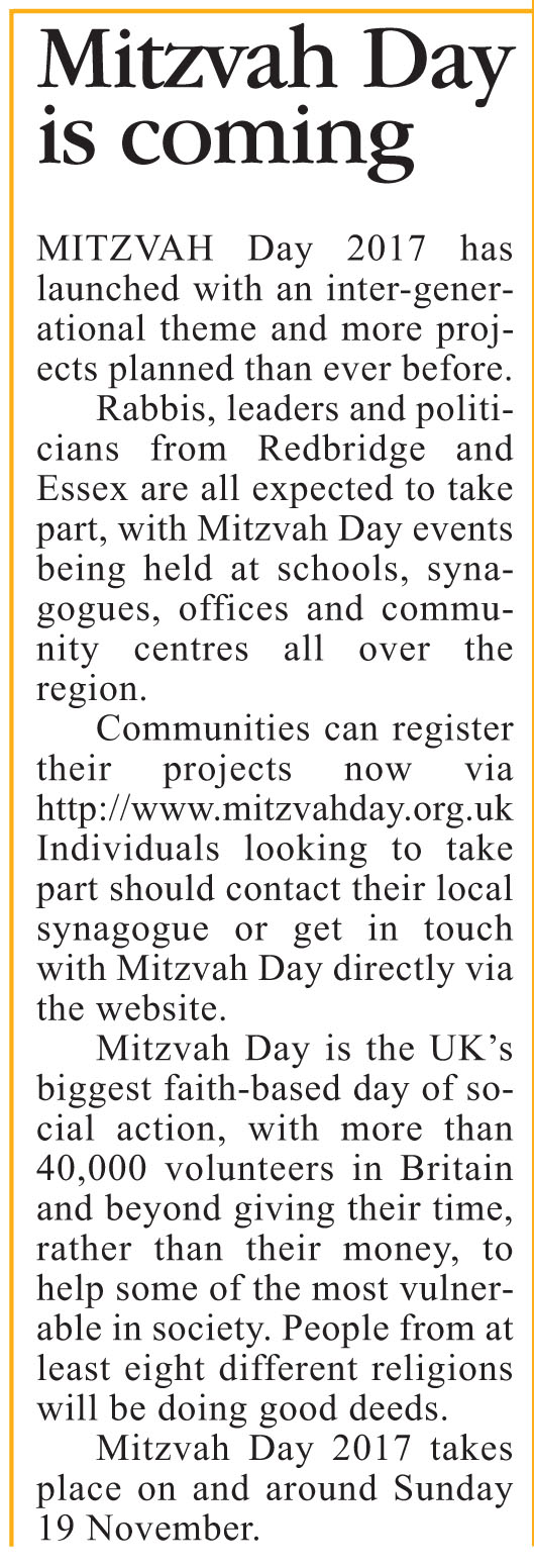 Mitzvah Day preview in the Essex Jewish News