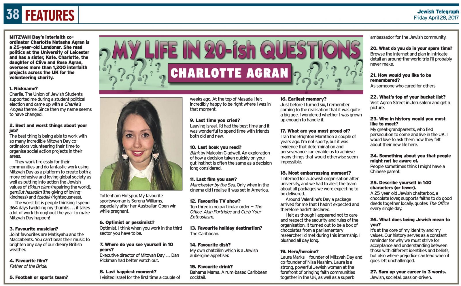 Interview with interfaith coordinator Charlotte Agran in The Jewish Telegraph